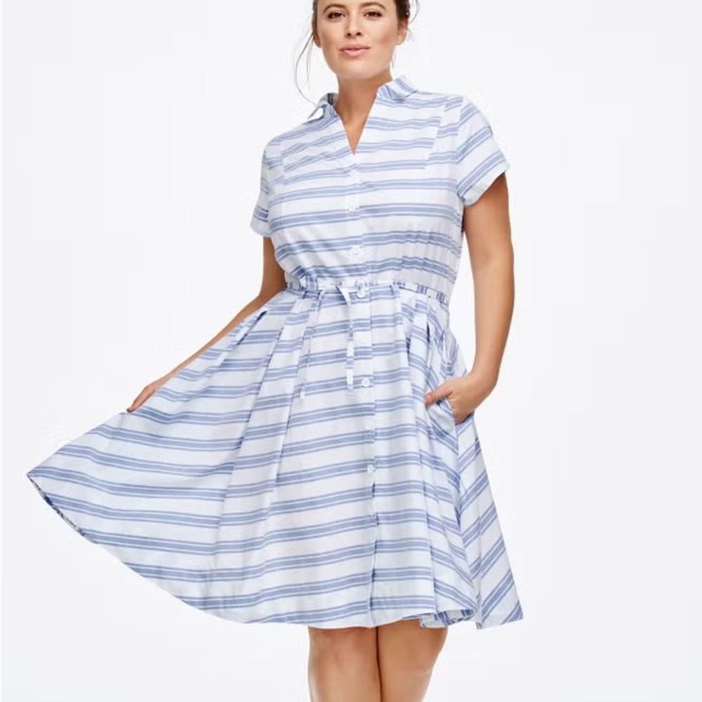 Ellos Striped Shirtwaist Dress Blue White 1X pockets + a flattering belted fit!👗
